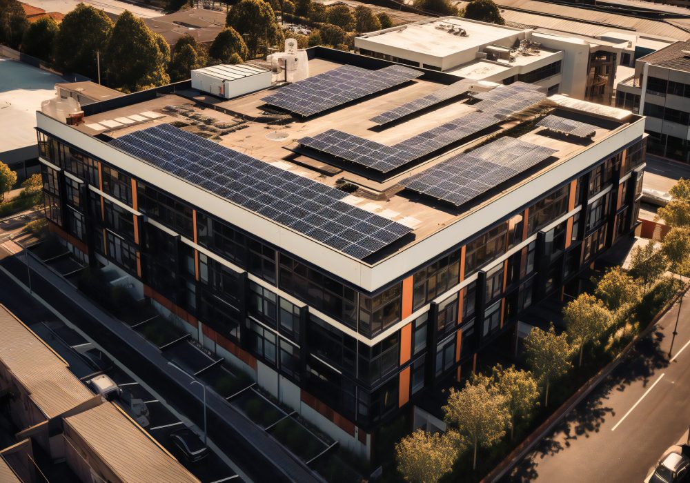 commercial building with solar panels on roof