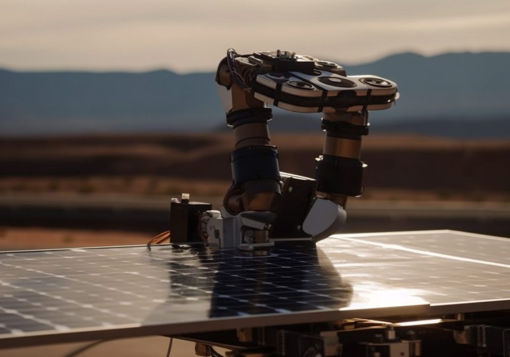 Futuristic robot arm powers solar panels outdoors generated by artificial intelligence